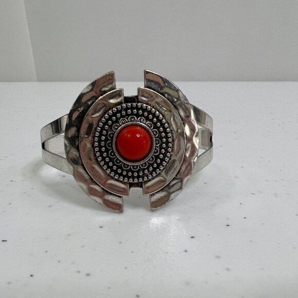 Southwestern Cuff Bracelet Faux Coral‎ Silver Tone Orange Hammered Big Statement